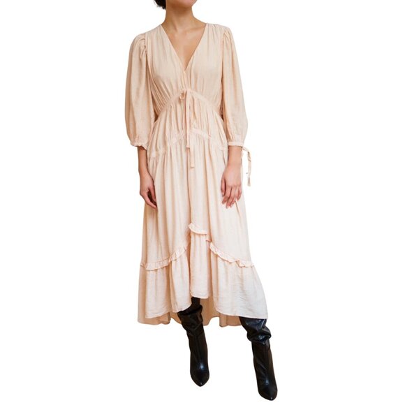 &Mercy Dresses & Skirts - &Mercy Eilonwy Tiered Light Pink Midi Dress w/ 3/4 Puff Sleeves - Size Medium
